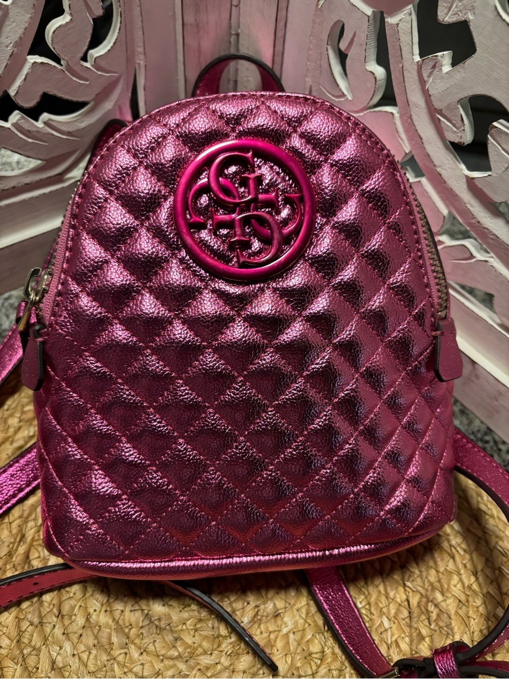 Guess Metallic Quilted Mini Backpack - Magenta with gift set - Picture 3 of 14